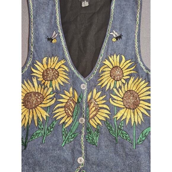 D.D. Designs Vest Womens Medium Blue Denim Vintage Sunflower Embroidery - Picture 2 of 7